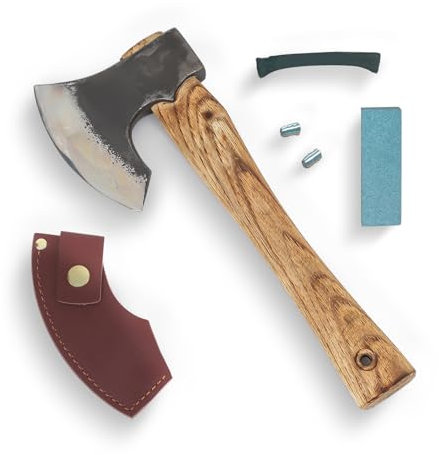 Ascia da 13'' con manico in legno,ascia da campeggio con acciaio al manganese 65,ascia forgiata a mano con fodero in pelle e manico in faggio per sminuzzare illegno,spaccare,intagliare,sopravvivere.