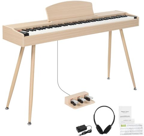 LEADZM Piano Numérique 88 Touches avec Support en Métal, Clavier Piano Entièrement Lesté, Piano Electrique avec 3 Pédales, 2 Systèmes Bluetooth, Adapté aux Débutants, Couleur Bois Naturel