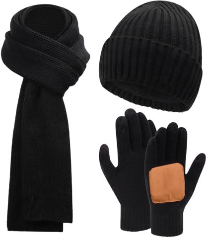 Focenat Set de Bufanda Gorro y Guantes para Hombre, Guantes de Pantalla Táctil, Cálido Gorro de Punto, Bufanda Invierno Larga, 3 en 1 Set de Invierno Cálido para Ski Ciclismo Escalada Aire Libre