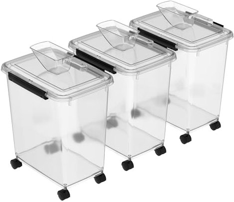 Cetomo 32L*3 Dog Food Storage Container, Airtight Food Containers with Wheels, Silicone Seal, Snap Locks, Plastic Pet Food Bin with Lid for Dog, Cat Food, Pet, Animal, Clear, 32L/12kg-3 Pack(3 Scoops)