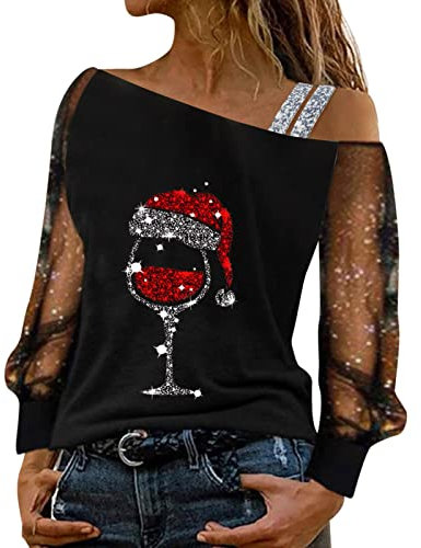 Pailletten Weihnachts Oberteil Damen Langarmshirt, Christmas Bluse Langarm Frauen| T Shirt Damen Langarm Sexy Schulterfrei Shirt Bluse Glitzer Frühling Winter Elegant Hemdbluse Streetwear