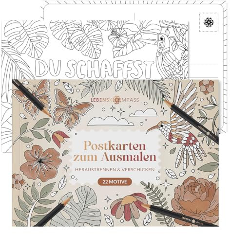 Lebenskompass® Postkarten zum Ausmalen – 22 Handillustrierte Motive mit liebevollen Worten – Kreative Postkarten zum Heraustrennen & Verschicken