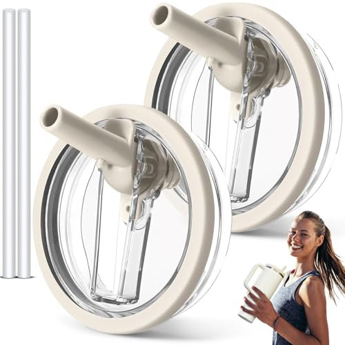 Couvercle Stanley Cup Etanche, 2 Pièces 40 oz Stanley Cup Couvercles de Rechange Anti-Fuite, Stanley Cup Accessoires avec 2 Réutilisables Paille Amovible Tumbler Flip Straw Lid, Beige
