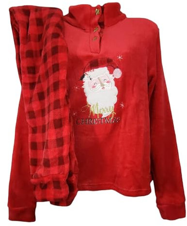 dolcecasabiancheria Pigiama Donna Natalizio in Pile Coral Tartan Family Babbo Natale Tartan Scozzese XL Rosso