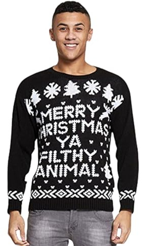 Aarhon Mens Mery Christmas Ya Filthy Animal Printed Knitted Christmas Jumper UK