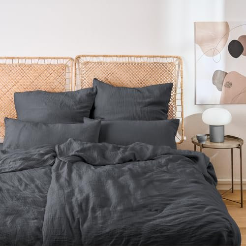 Blumtal Musselin Bettwäsche 4-teilig: 2X 135x200 cm + 2X 40x80 cm - Oeko-TEX zert. Bettwäsche Musselin aus 100% Baumwolle - weiches Bettwäsche-Set waschbar bei 40 °C - Sommerbettwäsche Anthrazit