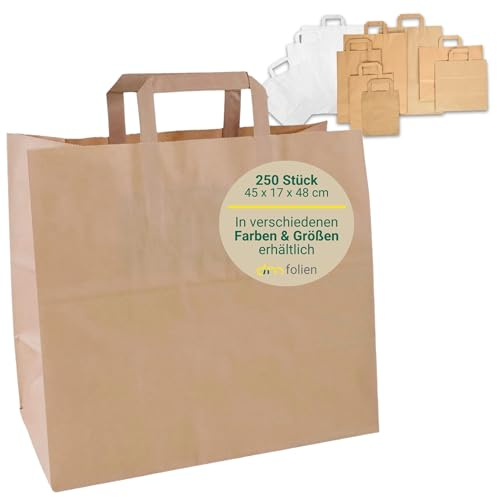 dm-folien Papiertüten in Braun I 150 Stück I 45 + 17 x 48 cm I Papiertragetaschen aus 100 g/m² Kraftpapier I Lebensmittelechte Tragetaschen mit Henkel I Umweltfreundliche Tüten bis 10 kg Tragkraft