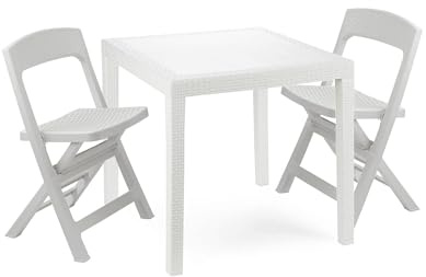 Dmora - Outdoor Lounge Set Falconara, Outdoor oder Indoor Lounge Set, Quadratischer Tisch mit 2 Klappstühlen, Made in Italy, Weiß