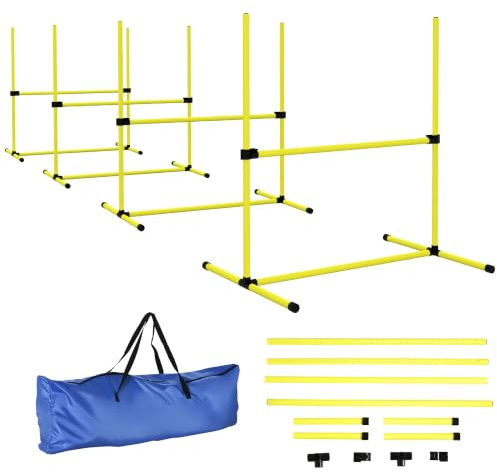PawHut Dog Agility Equipment Training Height Adjustable Jumps Hurdle 4 Pieces with Carrying Bag for Outdoor, Yellow