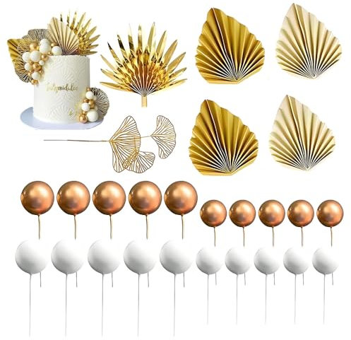 Champagne Rose Cake Decoration Balls, 26pcs Cake Decoration Gold Palm Leaves, Paper Palm Fan Cake Decorations Decoration Boho White Ball for Birthday Wedding(Gold)