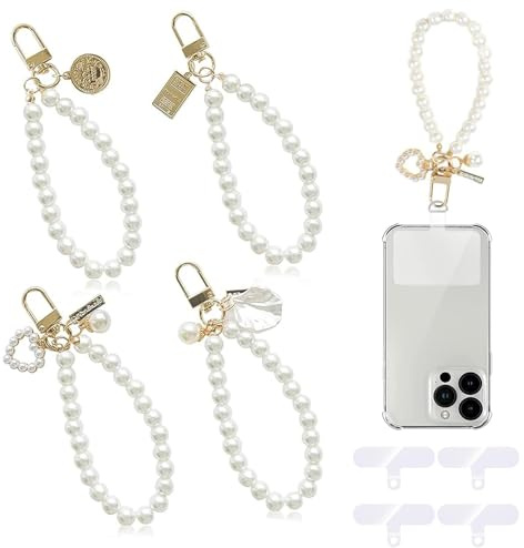 ZYEKIU 4 Pièces Pendentifs pour Téléphones Bijoux de Telephone Portable avec 4 Onglets d'Attache Bracelet Telephone, Bracelets Porte-Clés avec Perles pour Charme de Téléphones Femmes Filles