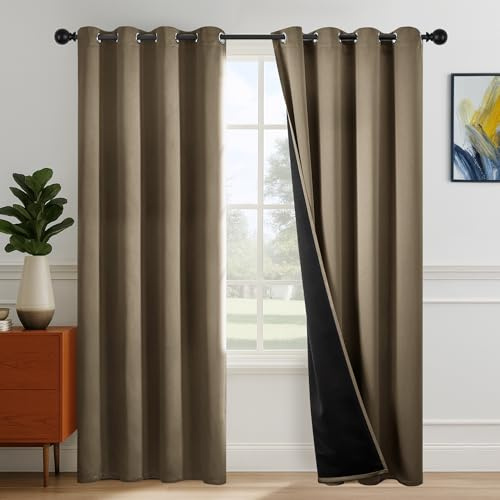 Deconovo 100% Verdunklungsvorhänge Vorhang Blickdicht Vorhänge mit Ösen Gardinen Wohnzimmer Thermovorhänge gegen Hitze Wärmeschutz Curtains Schallschutz, H270 x B140 cm, Taupe, 2er Set