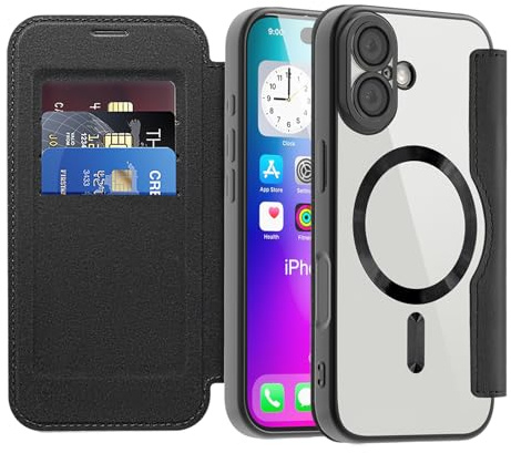 IMEIKONST Flip Handyhülle für iPhone 17 Hülle Kartenfach Schwarz JDCX | RFID-Blockierung Kartenfächer Brieftasche, Premium PU Leder Klappbar Tasche, Magnetische Transparente Rückseite Schutzhülle