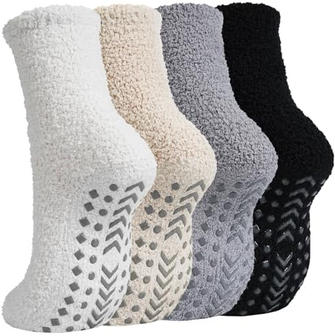 Caldodo Women's Fluffy Slipper Socks, Winter Warm Bed Socks for Ladies | 4 Pairs Thermal Fuzzy Socks with Grippers, Girls Cosy Fleece Non Slip Socks for Home Floor Sleeping