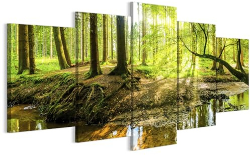 LUMASOUL Wandbilder Wohnzimmer 5-teilig Leinwandbild Wald 200x100 cm | Mehrteilige Wanddeko für Schlafzimmer, Flur, Büro