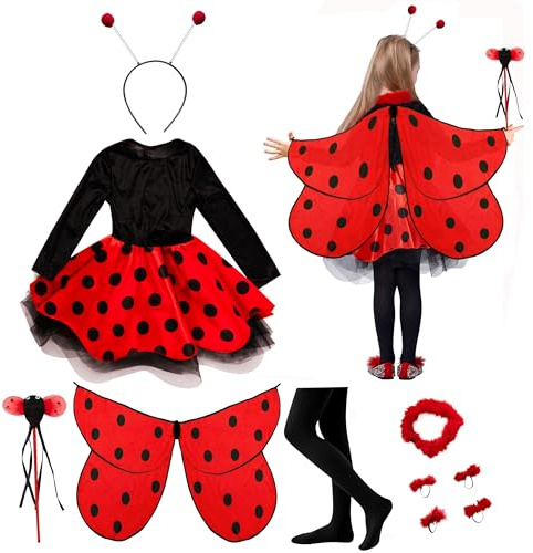 IKALI Marienkäfer Kostüm Mädchen Kleid mit Flügeln, Haarreif, Zauberstab Zubehör Kinder Karneval Fasching Verkleidung 3-10 Jahre