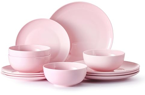 HIKAA Geschirrset 4 Personen, 12-Teiligs Knochenporzellan Geschirr Set, Teller Set Mikrowellen und Spülmaschinenfest, Tafelservice für Zuhause, Hochzeiten, Kombiservice Leicht und Langlebig (Rosa)