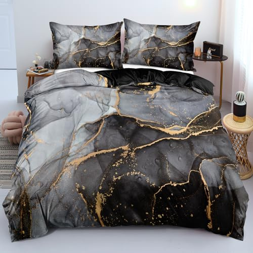 Luowei Bettwäsche 135x200 cm 2tlg Marmor Schwarz, Mikrofaser | Oeko-TEX Atmungsaktiv Bettwäsche Set Modern Ästhetisches Design Bettbezug mit Reißverschluss und Kissenbezüge 80x80cm