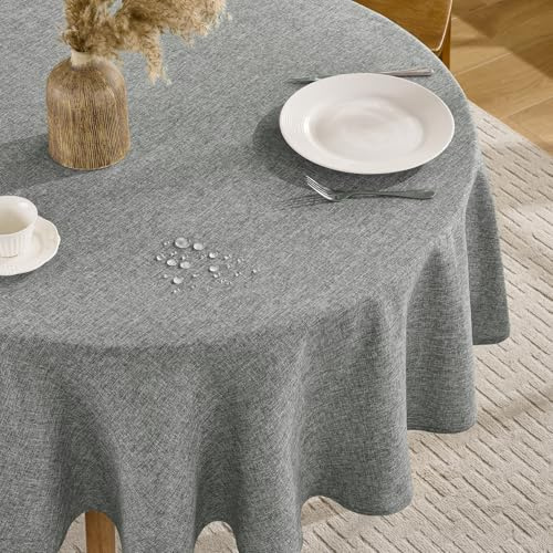 FIBORIA Tischdecke Outdoor Rund 160 cm Grau Leinenoptik Tischdecken Abwaschbar & Wasserabweisende Tischwäsche Abwischbare Tischtuch Table Cloth für Frühling Ostern Camping,Garten,Hochzeiten,Geburtstag