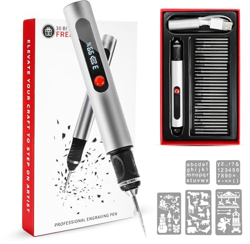 Gravierstift Wiederaufladierbar Gravur Werkzeug Kit Kabelloser Elektrischer Gravur Stift mit 30 Bits und 5 Gravurvorlage für Schmuck, Metall Glas Kunststoff