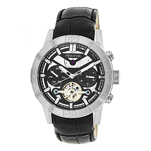 HERITOR Hannibal Automatic Watch for Men – 44mm Men’s Semi-Skeleton Watch with Jeweled Automatic Movement, 316L Stainless Steel Case, Sapphire-Coated Mineral Crystal, Leather Strap (HERHR4102) – Silver/Black