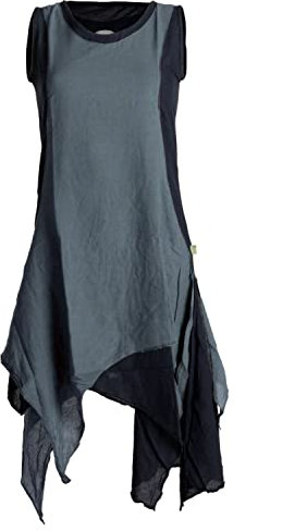 Vishes - Alternative Bekleidung - Ärmelloses Zipfeliges Lagenlook Kleid/Tunika aus handgewebter Baumwolle schwarz-grau 34