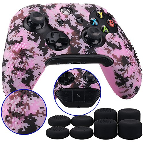 9CDeer 1 Stück von Transferdrucken Silikon Abdeckung Haut Ärmel Fall Cover Skin Hülle + 8 Thumb Grips zum Xbox One/S/X Controller Tarnung Rosa Kompatibel mit Offizieller Stereo Headset Adapter