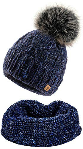 4sold Damen Strick-Mütze Gefüttert mit Faux Fell-Bommel Set Mütze & Schal Alpaka Wolle Bommelmütze Kiesel Bommel Pompon - Set Navy