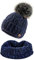 4sold Damen Strick-Mütze Gefüttert mit Faux Fell-Bommel Set Mütze & Schal Alpaka Wolle Bommelmütze Kiesel Bommel Pompon - Set Navy