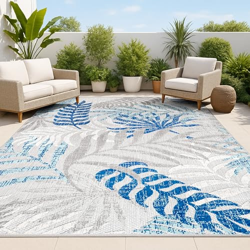 JONATHAN Y Tropics Palm Leaves Indoor Outdoor Area Rug 8X10 Gray/Blue, Boho for Backyard, Patio, Porch, Easy-Cleaning, High Traffic, Pet-Friendly, Non-Shedding (AMC100A-8)