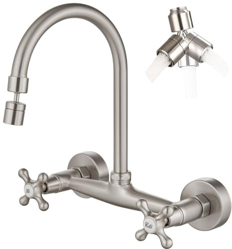 Airuida Brushed Nickel Wall Mount Kitchen Sink Faucet 8 Inch Center Double Cross Handles 360 Degree Swivel Spout Kitchen Mixer Tap Commercial