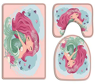A.Monamour Badezimmer Badematte 3 Teilig Set Aquarell Niedlichen Meerjungfrau Lila Haar Fische Muscheln Flanell WC Toilette Deckel Deckt Bad Matte Teppich Badteppiche Badvorleger Badgarnitur Vorleger
