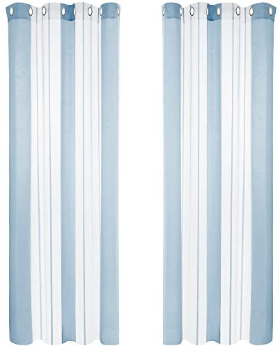 Deconovo Transparente Gardinen Wohnzimmer mit Ösen, Voile Ösenschals Boho Fensterschal Durchsichtig Nadelstreifen, 175x140 cm(HöhexBreite), Hellblau, 2er Set