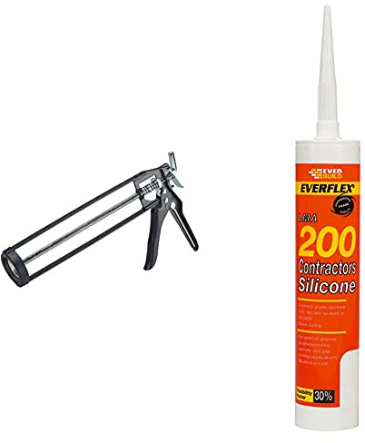 Everbuild Professional Caulk, Sealant, Adhesive Application Gun for Up to C3/310 ml Cartridges & Everflex 200 Contractors LMA Silicone Sealant, Black, 295 ml