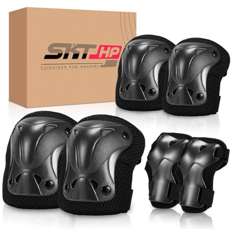 SKT HP Schutzausrüstung für Erwachsene, Knieschützer, Ellenbogenschützer, Handgelenkschoner für Inlineskaten, Radfahren, Skateboarden, Schwarz
