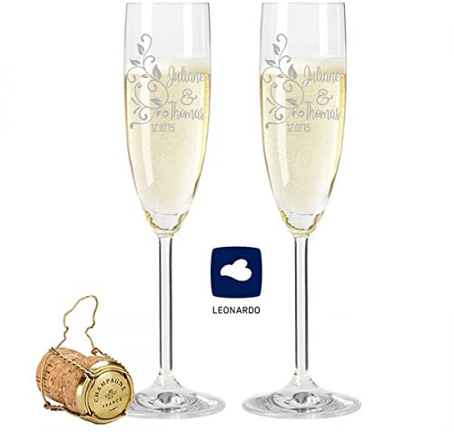 GRAVURZEILE Leonardo Sektgläser - Floral Design - personalisiert mit Wunschgravur Namen & Datum - als Geschenk zur Hochzeit, Verlobung oder zum Jahrestag - das perfekte Hochzeitsgeschenk