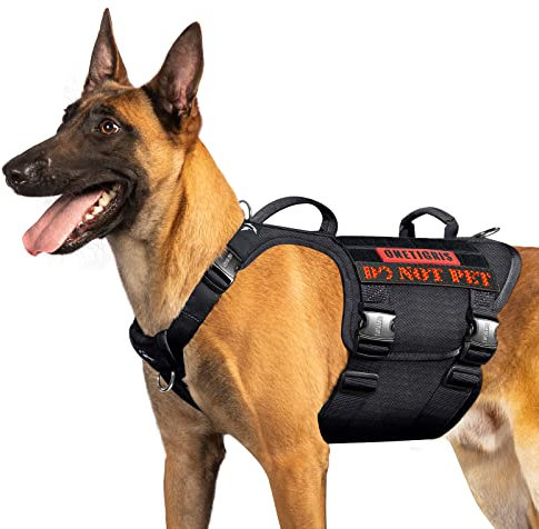 OneTigris Metallschnalle Hundegeschirr, Metall Taktisches Hundegeschirr Grosse Hunde, Verstellbar Brustgeschirr Mittelgroße Hunde 2 Griffe 3 Edelstahl D-Ring Schwarz M