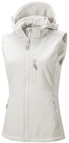 33,000ft Women's Lightweight Softshell Gilets with Hood Sleeveless Jacket Waterproof Windproof Vest Lady's Fleece Lined Vest with 5 Zip up Pockets White XL