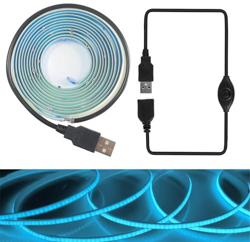 RYE USB Power 2m 5V COB Lightblue LED Strip Light Kit,320LEDs/M,CRI80+,Flexible Rope/Tape Light for TV Monitor Backlight,Mirror,Cabinet,Wardrobe,Cupboard DIY Lighting,Power Supply Excluded.