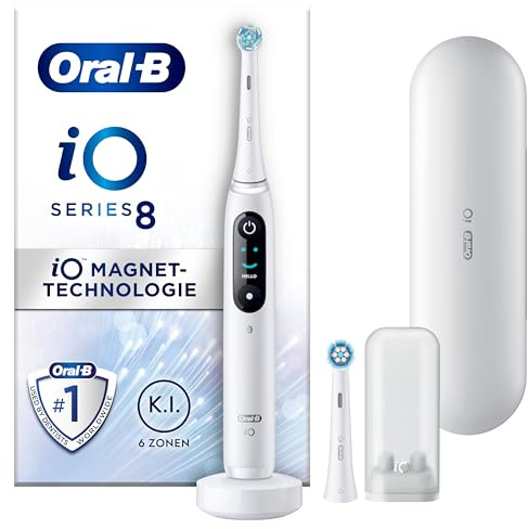 Oral-B iO Series 8 Elektrische Zahnbürste/Electric Toothbrush, 2 Aufsteckbürsten, 6 Putzmodi für Zahnpflege, Valentinstagsgeschenk für Ihn/Sie, Display & Reiseetui, Designed by Braun, white alabaster