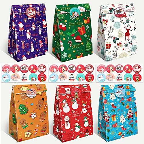 30 Stück Papiertüten Geschenktüten, Süßigkeitentüten Kraftpapier mit 2 Weihnachten Designs und 30 PCS Aufklebern für Geburtstage, Hochzeiten und mehr