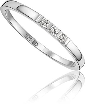 MIORE Diamant Schmuck Damen Trilogie Verlobungsring mit 0,05 Ct Diamanten im Brillantschliff Ring aus Weißgold 9 Karat (375) Gold