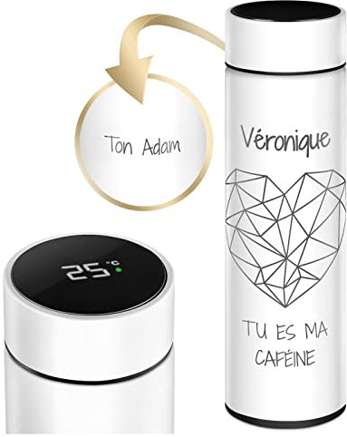 Maverton Bouteille isotherme personnalisable - Mug de voyage à café/thé - Thermos avec afficheur LED et gravure - Cadeau Femme - Cadeau Personnalisé - pour Anniversaire - Saint Valentin - cafe