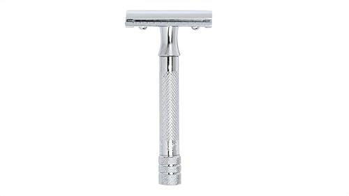 MERKUR Rasierhobel Klassiker in einer Klappdose mit Klingen Glanzchrom 33C | Dreiteiliger Rasierer mit geradem Schnitt | Geschlossener Kamm | Ideal für Nassrasur | Messing Griffstück | Made in Germany
