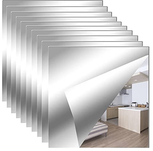 LATRAT Lot de 10 autocollants muraux rectangulaires à miroir, miroirs décoratifs muraux, feuilles en matériau souple, non verre, miroir, carrelage, 20 x 20 cm
