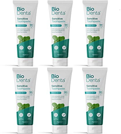 BioDenta Sensitive Whitening Toothpaste Sensitive + Mint, 75 ml - (Pack of 6) - 98% Natural Vegan, Vegetarian and Halal Friendly. Free from SLS, PEG & Parabens - Pack of 6