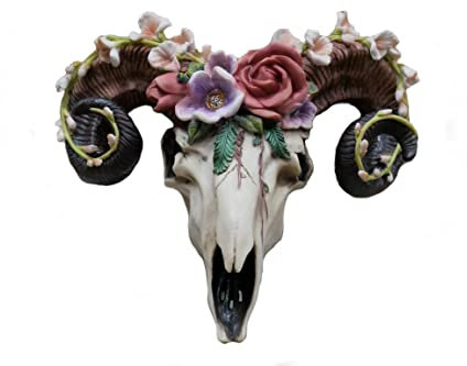 Gifts Direct 2 U Ram Skull Wall Sculpture Wall Mount Animal Cow Skull Decoration with Horns, Flowers Resin Ornament Home Decor