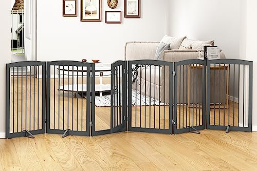 PUPETPO Freistehendes Haustiergitter mit Tür, hohes Hundegitter für Haus, extra breit, Sicherheitszaun für Haustiere, Welpen, Stützfüße, 308 cm breit, 6 Paneele, 81,3 cm hoch, Grau