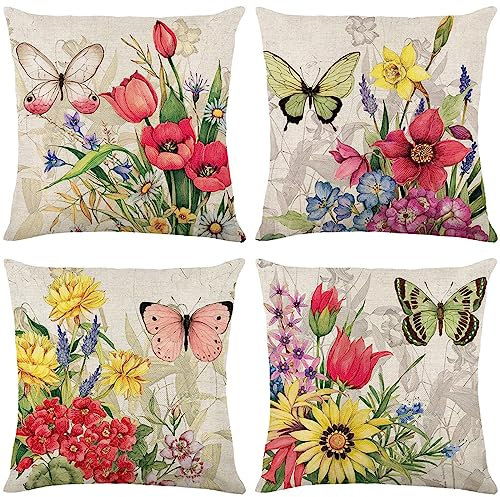 ARNTY Kissenbezug 45x45, Kissenbezüge 4er Set Dekokissen Kissenbezüge Dekoration Outdoor Kissenhülle Dekokissen für Schlafzimmer, Sofa, Stuhl, Bett, Garten (Blume, Leinen)
