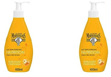 Le Petit Marseillais Lait Corps Hydratant, Nutrition, au Beurre de Karité, Amande Douce et Huile d'Argan, Pour Peaux Très Sèches, 400ml (Lot de 2)